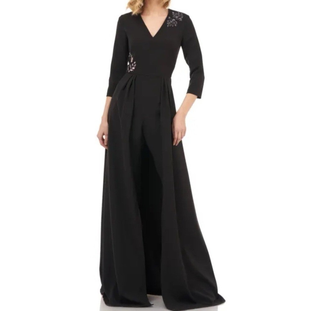 Kay Unger Walk-Thru Jumpsuit Womens 6 Black Margherita Rhinestone Formal